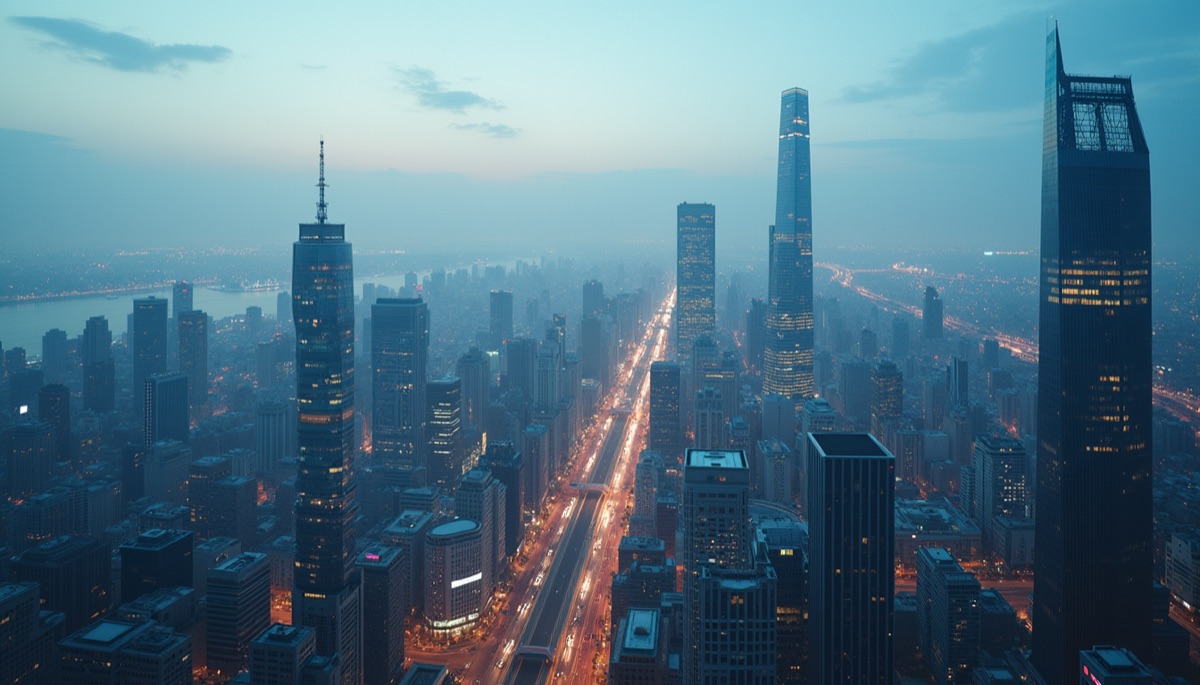 High angle view of a modern city skyline with technology infrastructure