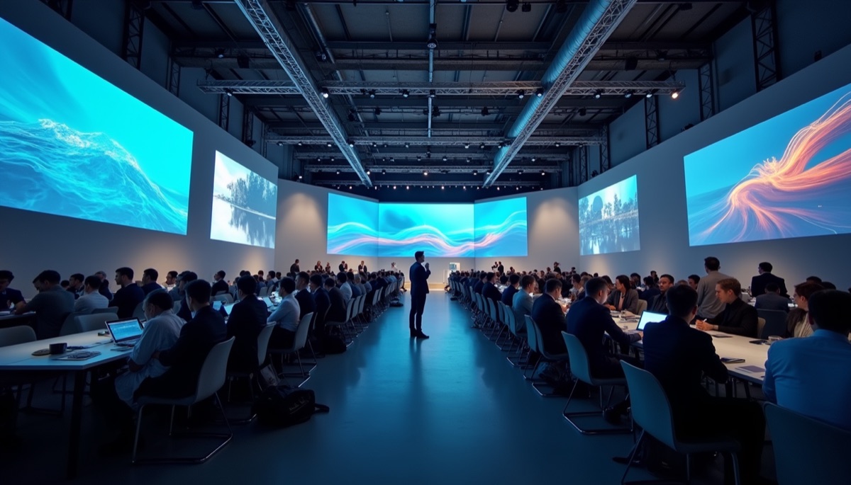High angle view of a modern tech conference showcasing innovative products