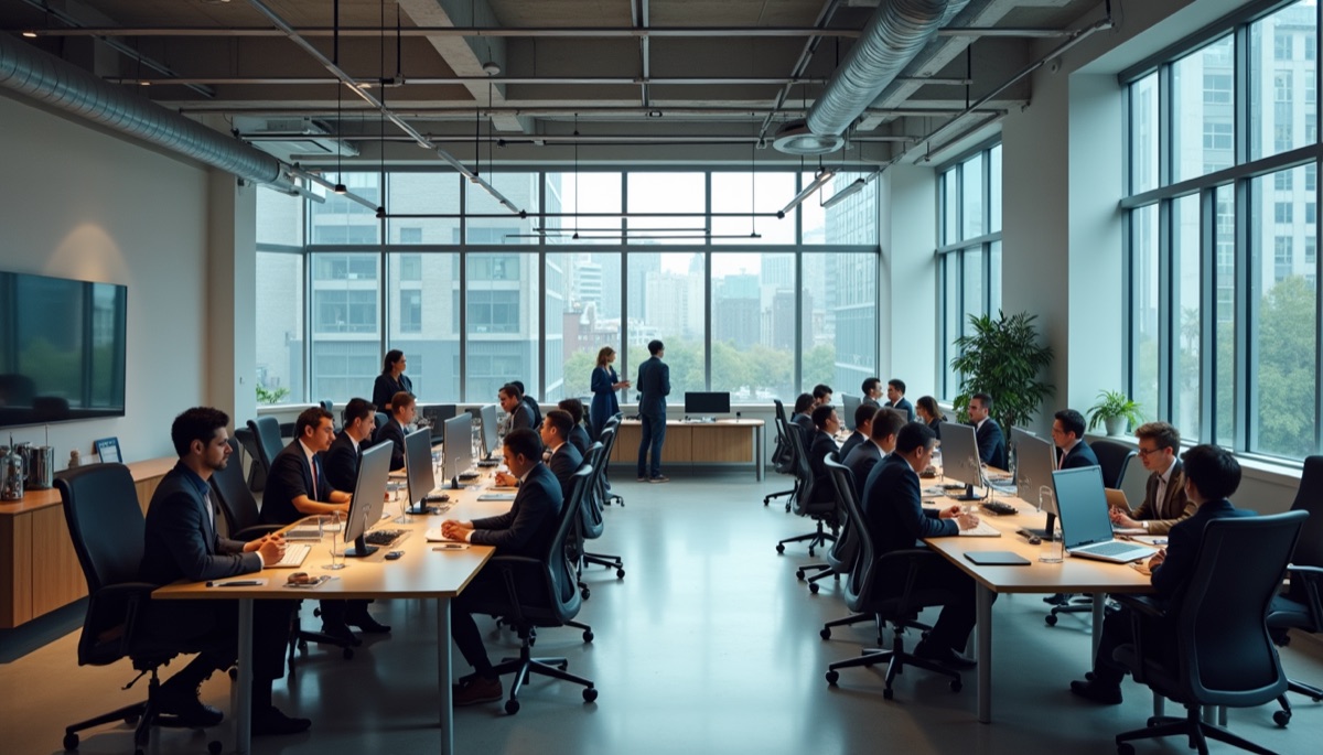 High angle view of a modern tech office with collaborative spaces